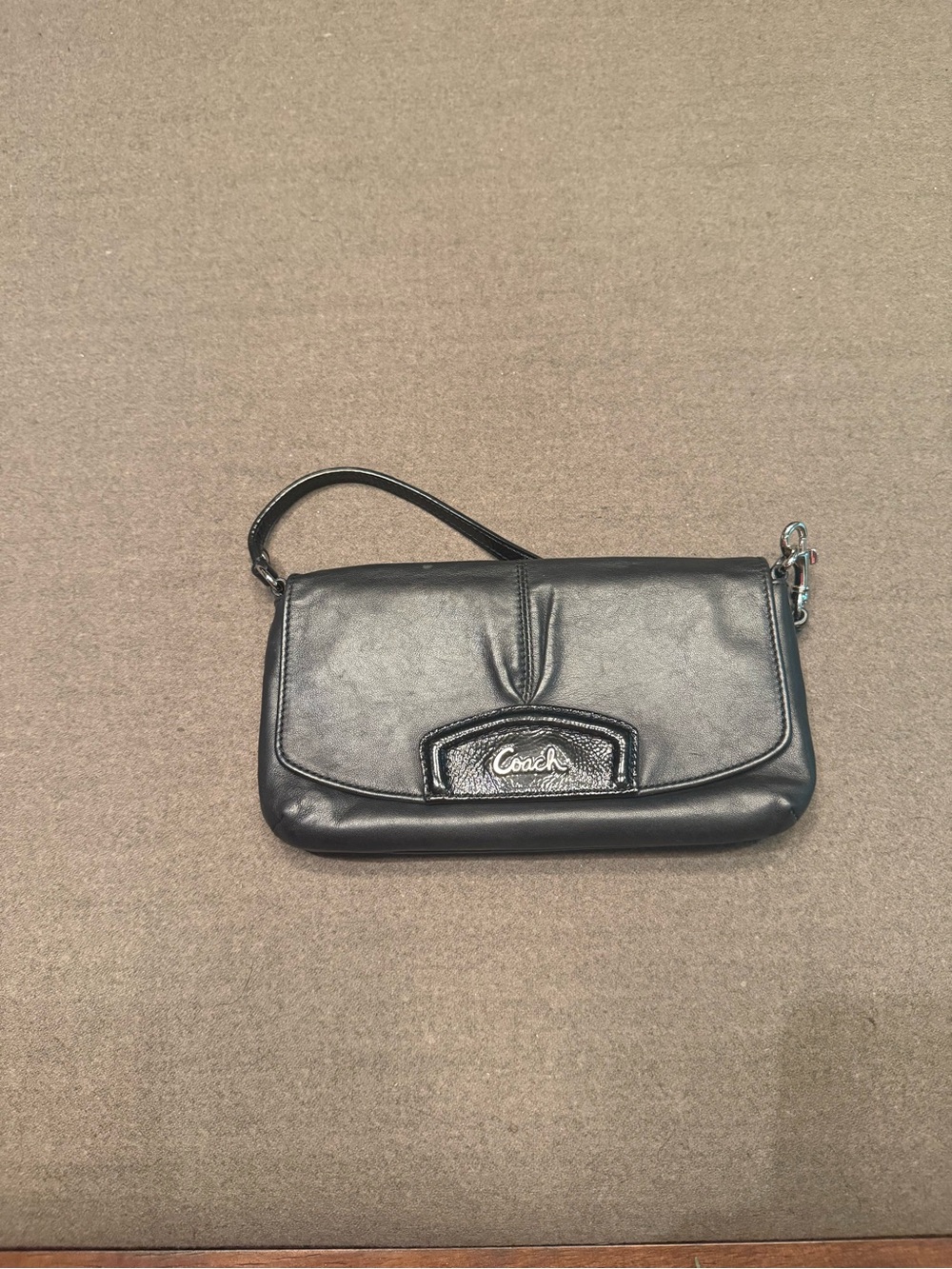 Coach Black Leather Wristlet Clutch with Logo Plaque